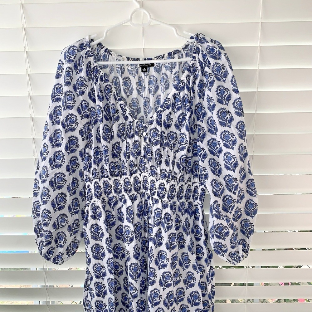 J Crew V Neck Mini Dress Medium Bouquet Block Print Blue White Lined - Picture 2 of 8